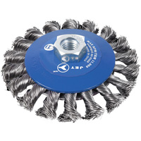 Knot Twisted Conical Bevel Brush, 5" Dia., 0.02" Fill, 5/8"-11NC Arbor Mukwa Safety Services