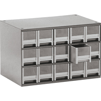 Modular Parts Cabinets, Steel, 15 Drawers, 17" x 10-9/16" x 3-1/16", Grey Mukwa Safety Services