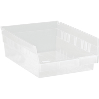 Shelf Bins, 8-3/8" W x 4" H x 11-5/8" D, Clear, 30 lbs. Capacity Mukwa Safety Services