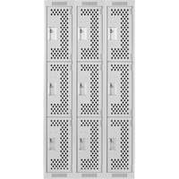 Clean Line Lockers, 3 -tier, Bank of 3, 36" x 12" x 72", Steel, Grey, Rivet (Assembled), Perforated Mukwa Safety Services