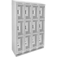 Clean Line Lockers, 3 -tier, Bank of 4, 48" x 15" x 82", Steel, Grey, Rivet (Assembled), Perforated Mukwa Safety Services