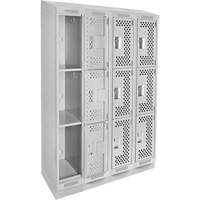 Clean Line Lockers, 3 -tier, Bank of 4, 48" x 15" x 82", Steel, Grey, Rivet (Assembled), Perforated Mukwa Safety Services