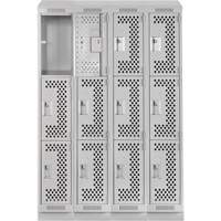 Clean Line Lockers, 3 -tier, Bank of 4, 48" x 15" x 82", Steel, Grey, Rivet (Assembled), Perforated Mukwa Safety Services