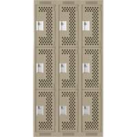 Clean Line Lockers, 3 -tier, Bank of 3, 36" x 12" x 72", Steel, Beige, Rivet (Assembled), Perforated Mukwa Safety Services