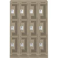 Clean Line Lockers, 3 -tier, Bank of 4, 48" x 15" x 82", Steel, Beige, Rivet (Assembled), Perforated Mukwa Safety Services