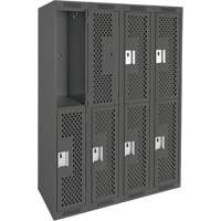 Clean Line Lockers, 2 -tier, Bank of 4, 48" x 12" x 72", Steel, Charcoal, Rivet (Assembled), Perforated Mukwa Safety Services