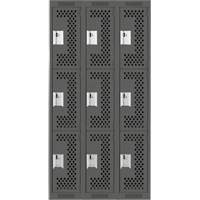 Clean Line Lockers, 3 -tier, Bank of 3, 36" x 12" x 72", Steel, Charcoal, Rivet (Assembled), Perforated Mukwa Safety Services