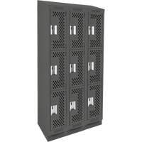Clean Line Lockers, 3 -tier, Bank of 3, 36" x 15" x 82", Steel, Charcoal, Rivet (Assembled), Perforated Mukwa Safety Services
