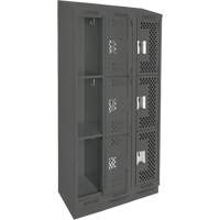 Clean Line Lockers, 3 -tier, Bank of 3, 36" x 15" x 82", Steel, Charcoal, Rivet (Assembled), Perforated Mukwa Safety Services
