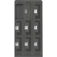 Clean Line Lockers, 3 -tier, Bank of 3, 36" x 15" x 82", Steel, Charcoal, Rivet (Assembled), Perforated Mukwa Safety Services