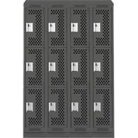 Clean Line Lockers, 3 -tier, Bank of 4, 48" x 15" x 82", Steel, Charcoal, Rivet (Assembled), Perforated Mukwa Safety Services