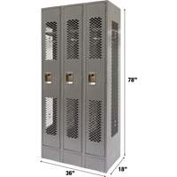 Vented Lockers, Bank of 3, 36" x 18" x 78", Steel, Grey, Knocked Down, Perforated Mukwa Safety Services