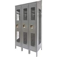 Vented Lockers, Bank of 3, 36" x 18" x 88", Steel, Grey, Knocked Down, Perforated Mukwa Safety Services