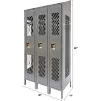 Vented Lockers, Bank of 3, 36" x 18" x 88", Steel, Grey, Knocked Down, Perforated Mukwa Safety Services