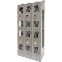 Vented Lockers, 2 -tier, Bank of 3, 36" x 18" x 88", Steel, Grey, Knocked Down, Perforated Mukwa Safety Services