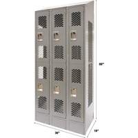 Vented Lockers, 2 -tier, Bank of 3, 36" x 18" x 88", Steel, Grey, Knocked Down, Perforated Mukwa Safety Services