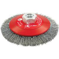 High-Performance Bevel Crimped Conical Brush, 4-1/2" Dia., 0.014" Fill, 5/8"-11 Arbor, Steel Mukwa Safety Services