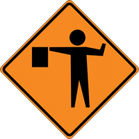 Tilt-Adjust Flagman Ahead Roll-Up Construction Sign, 36" x 36", Vinyl, Pictogram Mukwa Safety Services
