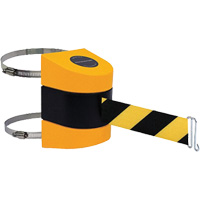 Tensabarrier&reg; Barrier Post Mount with Belt, Plastic, Clamp Mount, 24', Black and Yellow Tape Mukwa Safety Services