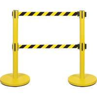 Dual Belt Crowd Control Barrier, Steel, 35" H, Black/Yellow Tape, 7' Tape Length Mukwa Safety Services