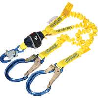 Twin-Leg Stretch Web Shock-Absorbing Lanyard, 6', Rebar Hook Center, Snap Hook Leg Ends Mukwa Safety Services