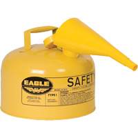 Bidon de s&eacute;curit&eacute; pour le diesel avec entonnoir, Type I, Acier galvanis&eacute;, 2,5 gal. US, Jaune, Homologu&eacute; FM/List&eacute; UL/ULC Mukwa Safety Services