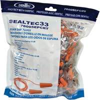 Bouchons d'oreilles coniques jetables en mousse de PU orange SEALTEC33, Vrac - Sac en poly, Avec cordon Mukwa Safety Services