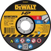 Meule de tronçonnage des m&eacute;taux HP, 4-1/2" x 0,04", Arbre de 7/8", Type 1, Oxyde d'aluminium, 13 300 Tr/min Mukwa Safety Services